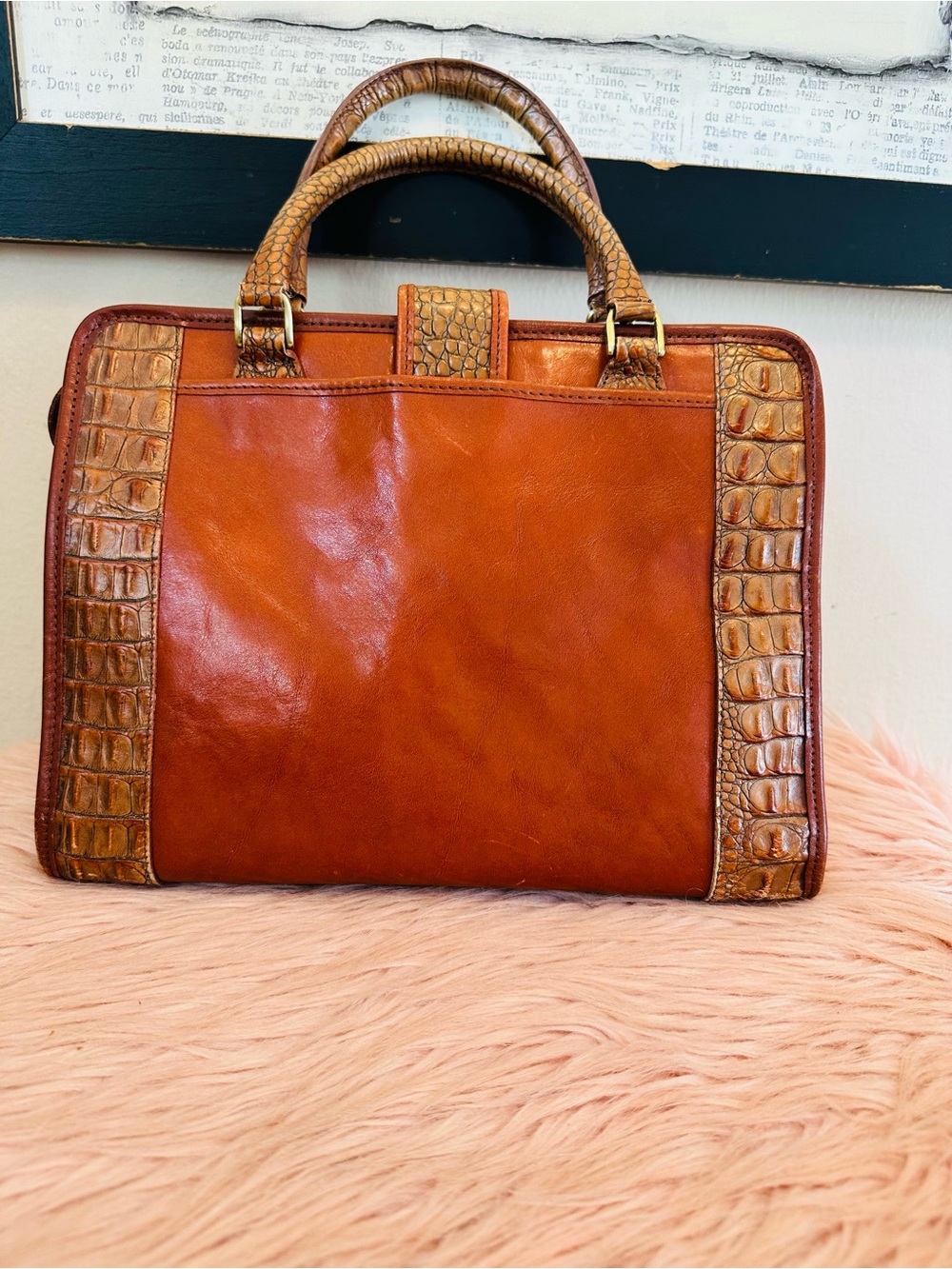 Vintage Brahmin Two-Tone Burnt Orange and Cognac Croc-Trim Satchel - Picture 5 of 16